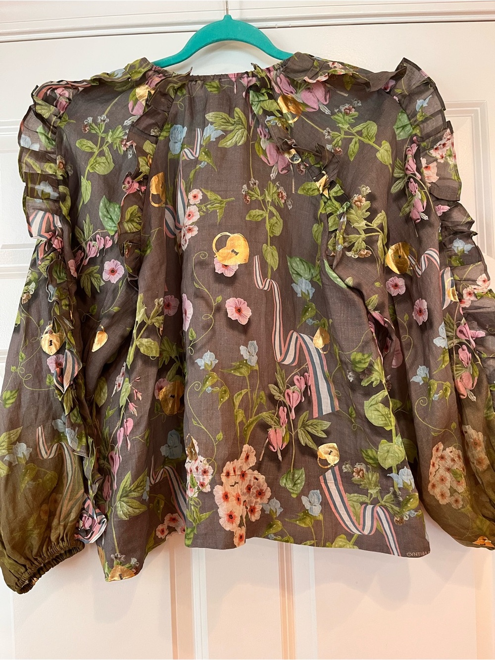 NWOT Cynthia Rowley Designer Dawn Blouse Large Floral Ruffle Gold Foil ~$345 - Picture 11 of 15